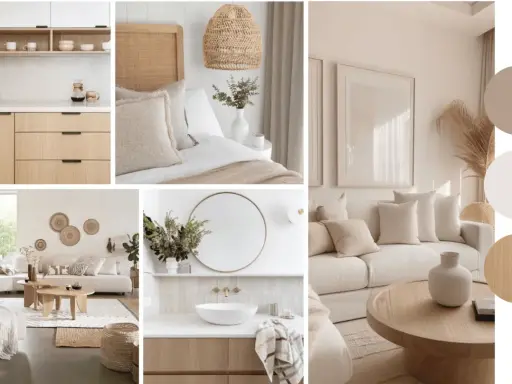 Ambiance douce et naturelle pour cette maison de rêve : cuisine épurée, chambre cosy, salon invitant et salle de bain zen.