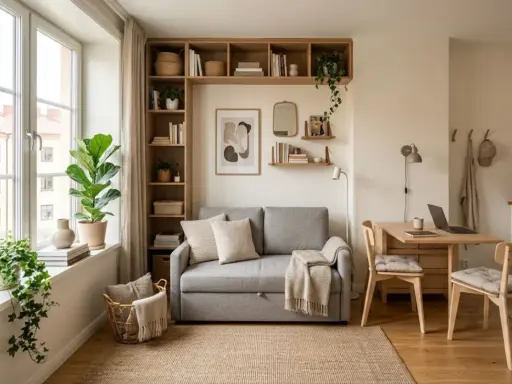 Petit appartement pour femme seule : canapé gris, étagères remplies, coin repas et cuisine fonctionnelle. Ambiance cosy et lumineuse.
