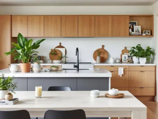 Élégante déco cuisine moderne chic avec armoires en bois, îlot gris, plantes vertes et vaisselle en bois.