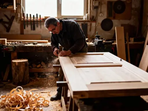 Un menuisier ébéniste travaille le bois dans son atelier, façonnant une porte avec précision. Des copeaux volent autour de lui.