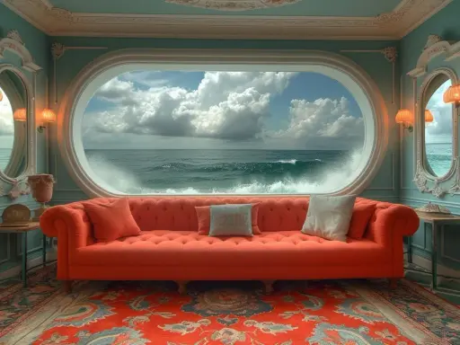 Un canapé orange vif face à une fenêtre ovale offrant une vue spectaculaire sur l'océan, un trompe l'oeil pour agrandir une pièce.