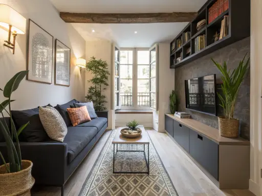 Salon cosy dans une maison en longueur, avec un canapé bleu, une table basse, une TV et des étagères.