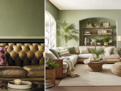 Un salon moderne et un canapé en cuir marron, le tout baigné d'une douce lumière dans un décor aux nuances vert sauge nuancier.