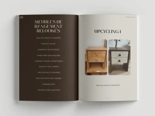 Transformation d'un meuble : une table de chevet en bois brut est métamorphosée en un meuble design avec un revêtement en travertin.