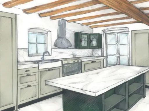 Esquisse d'une cuisine avec îlot central, placards verts et poutres apparentes. Le plan cuisine dimension est bien pensé pour l'ergonomie.