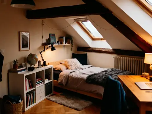 Chambre sous comble très bas, avec lit douillet, bureau et étagères. Lumière tamisée par les lucarnes et guirlandes.