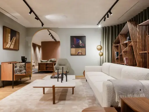 Salon moderne avec canapé blanc texturé, table basse en marbre et bois, et étagère design. Une parfaite illustration de la tendance déco actuelle.