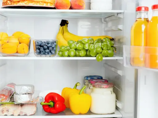 Comment ranger son frigo congélateur en bas : fruits, légumes, viandes et jus bien organisés sur les étagères.
