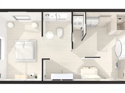 Plan d'une suite parentale avec chambre, salle de bain, dressing et coin salon.