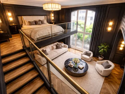 Élégante chambre mezzanine avec un lit douillet en hauteur, un salon cosy en contrebas et un escalier en bois menant à cet espace unique.