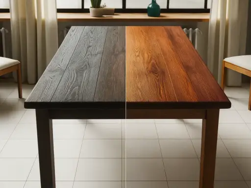 Table en bois divisée en deux : d'un côté sombre, de l'autre couleur naturelle. Idéal pour éclaircir bois naturellement.