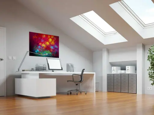 Bureau sous pente lumineux avec tableau abstrait coloré, ordinateur, plante verte et puits de lumière.