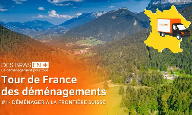 Un camion de déménagement sur une carte de France, prêt pour déménager en Suisse. Paysage montagneux en arrière-plan.