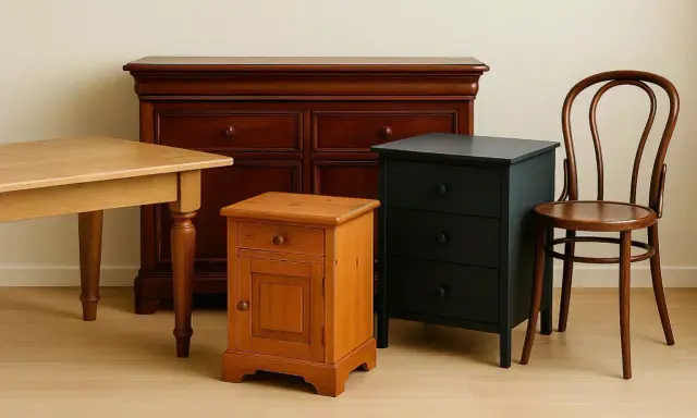 Un petit meuble en bois orange, une commode sombre et une chaise courbée, prêts à être relookés.