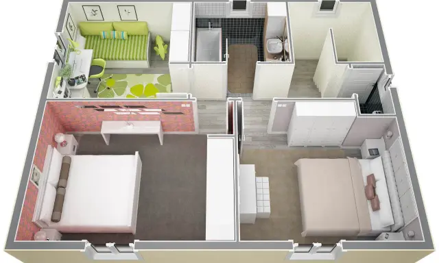Plan d'un appartement 40m2 1 chambre : salon, bureau, salle de bain, deux chambres.