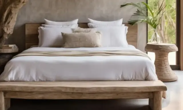 Lit de bois brut, draps blancs immaculés et coussin texturé créent une ambiance de parental chambre boheme chic. Une plante verte apporte une touche de nature.