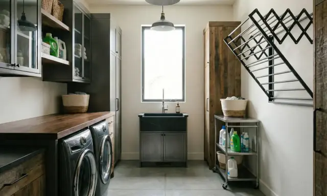 Ample space in this arrière cuisine, with two washers, a large sink, and plenty of storage. A drying rack is mounted on the wall.