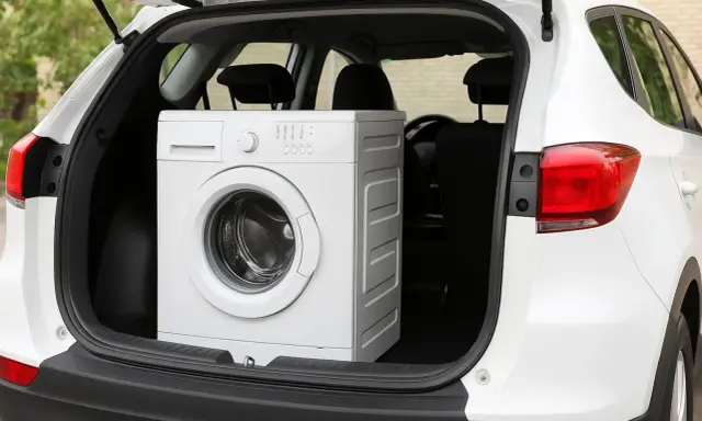 Un lave-vaisselle blanc est chargé dans le coffre d'une voiture blanche. On se demande si on peut coucher un lave-vaisselle pour le transporter.