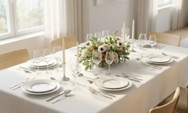 Un élégant centre de table floral orne une table dressée pour un repas, avec des bougies et des verres à vin.