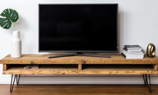 Meuble TV DIY en bois brut avec une plante verte dans un vase blanc et une pile de livres.