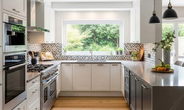 Plan d'une cuisine de 20m2 moderne avec îlot central, évier sous fenêtre, et électroménager en inox.
