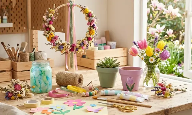 Table de bricolage pour décoration printemps à fabriquer : couronne de fleurs séchées, pots peints, tulipes, et matériel créatif.