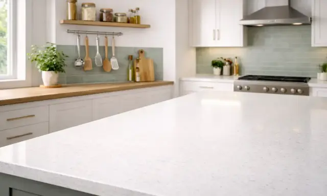 Un plan de travail de cuisine blanc et spacieux, idéal pour organiser vos ustensiles et préparer vos repas.