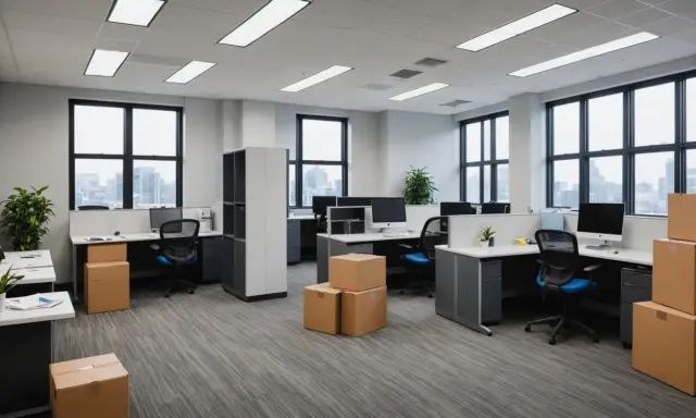Bureau moderne prêt pour un transfert, avec des boîtes en carton empilées.