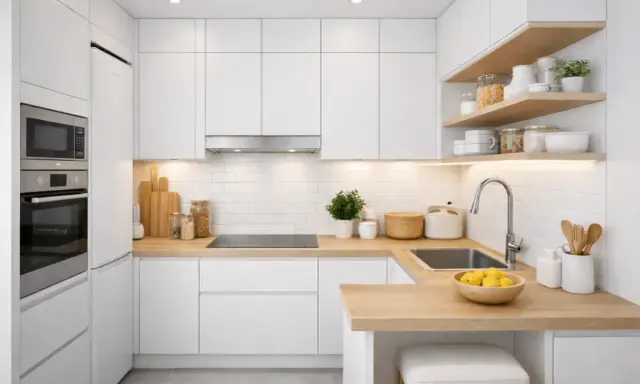 Cuisine petit espace : rangements blancs, plan de travail en bois, électroménagers intégrés, étagères ouvertes avec bocaux et ustensiles.