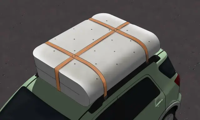 Un matelas est solidement attaché sur le toit d'une voiture verte, prêt pour le transport. Il montre comment rouler un matelas pour le transporter efficacement.