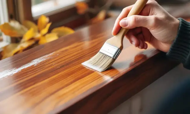 Main d'une personne appliquant une couche de vernis pour blanchir du bois. Les feuilles d'automne sont visibles en arrière-plan.