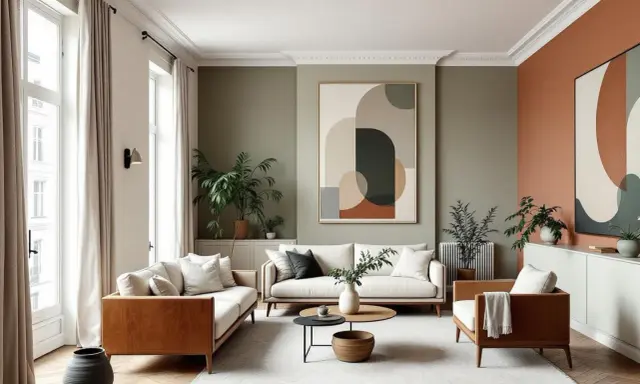 Salon moderne avec canapés blancs, meubles en bois, plantes vertes et un grand tableau abstrait sur un mur blanc.