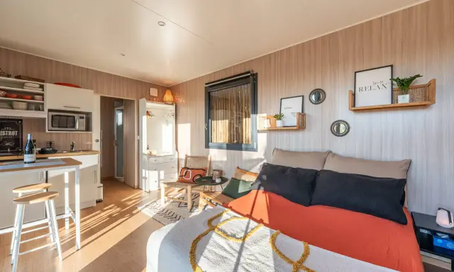 Aménagement d'un plan studio 20m2 en longueur : coin cuisine, lit confortable, fauteuils en rotin et décoration murale zen.