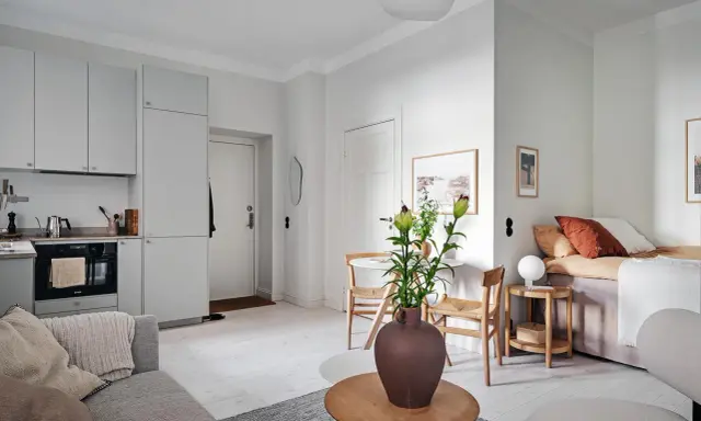 Studio 28 m2 lumineux avec cuisine intégrée, coin repas, salon et lit confortable.