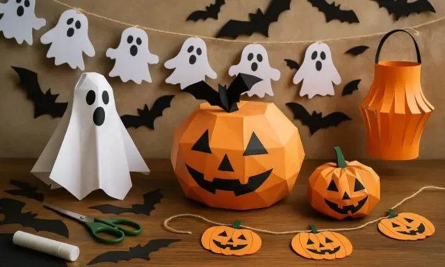 Déco halloween pas cher à faire soi-même : fantômes, citrouilles en papier, chauves-souris et lanterne orange.