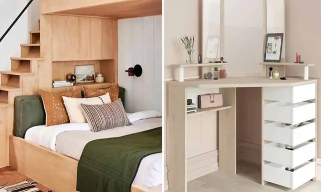 Aménagement astucieux d'une chambre 10m2 : lit mezzanine en bois avec escalier intégré et coiffeuse d'angle fonctionnelle.