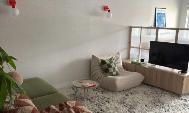 Aménagement petite maison : salon cosy avec canapé vert, fauteuil beige, table basse, TV et paravent translucide.