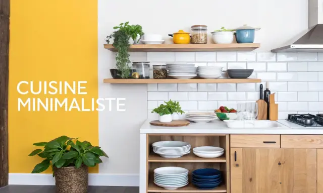Cuisine minimaliste, un exemple de home staging réussi avec vaisselle épurée et touches végétales.