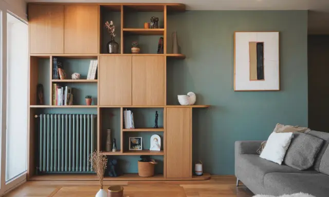 Agencement bibliothèque en bois clair, avec des étagères remplies de livres, vases et objets décoratifs. Un radiateur vert s'intègre parfaitement.