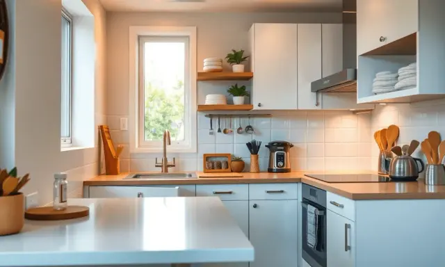 Aménagement petite cuisine 4m2 : évier, plaques, four, rangements optimisés, vaisselle et ustensiles en bois.