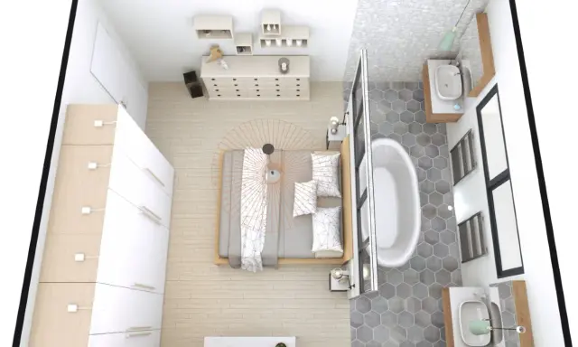 Chambre moderne avec lit, commode, armoire et une salle de bain attenante avec baignoire et lavabos. Une belle suite parentale.