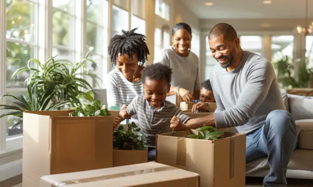 Famille souriante emballant des plantes pour un petit déménagement entre particuliers.