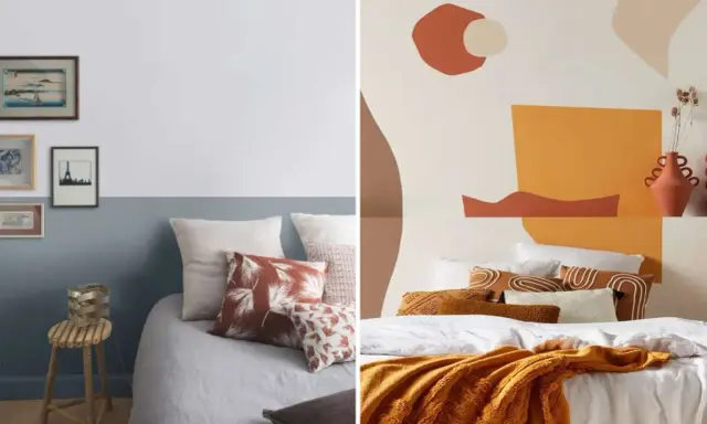 Deux lits douillets. À gauche, une tête de lit peinture originale avec des cadres. À droite, une tête de lit abstraite aux tons chauds.