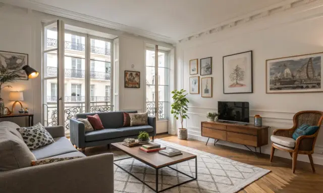 Un salon parisien avec un **mixer moderne et ancien** : canapés confortables, parquet, grandes fenêtres et une décoration chaleureuse.