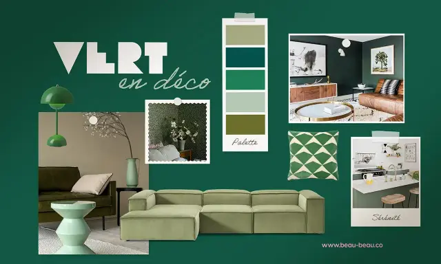 Moodboard déco vert : quelle couleur va bien avec le vert clair ? Inspiration salon, cuisine, palette de couleurs.