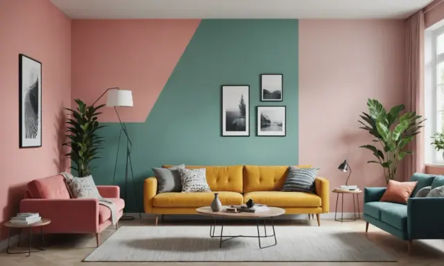 Salon moderne avec un mur deux couleurs différentes, rose et vert d'eau, agrémenté de tableaux. Canapés colorés et plantes vertes.