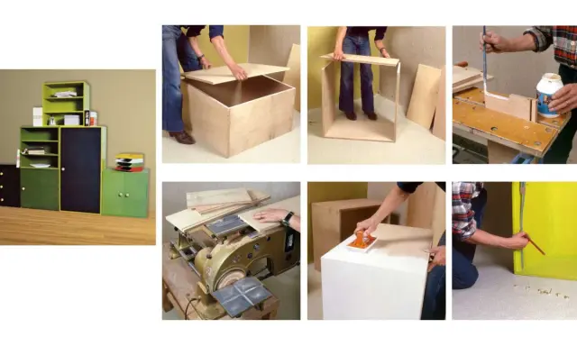 Étapes pour construire un meuble de rangement : assemblage de caissons en bois, ponçage et collage.