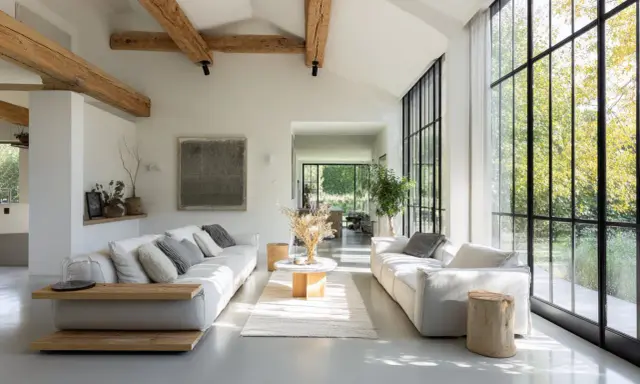 Salon lumineux avec poutres apparentes, rappelant l'esprit d'une maison hangar. Deux canapés blancs font face à une grande baie vitrée.