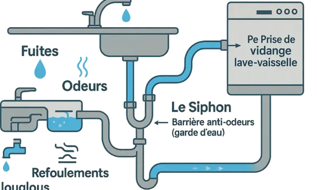 Schéma des canalisations : fuites, odeurs, refoulements et prise de vidange lave-vaisselle. Le siphon retient les odeurs.