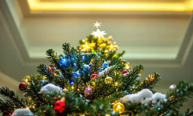 Un sapin de Noël décoré de boules colorées, de guirlandes lumineuses et d'une étoile scintillante. Un guide pour savoir comment faire un beau sapin.